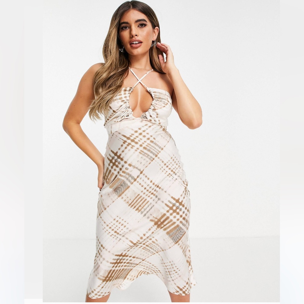 ASOS Cross Front Halter Satin Stripe Printed Midi Dress with Tie Back Detail